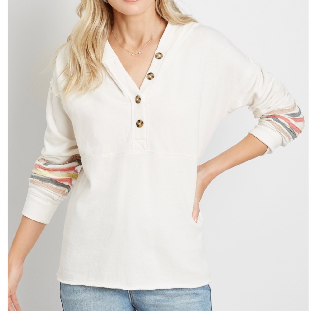 Maurices White Rainbow Sleeve Button Front Hoodie XL Color French White NWT